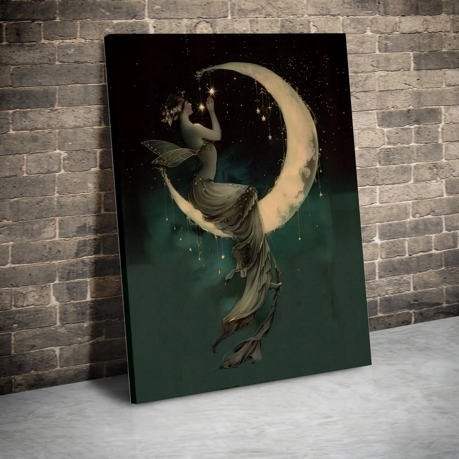 Fairy Wall Art | Celestial Crescent Moon and Stars Aesthetic Decor | Premium Gallery Wrap Canvas | Magical Whimsical Home Gift