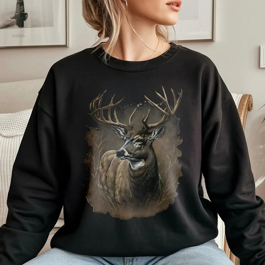 Whitetail Deer Sweatshirt | Artistic Nature Wildlife Print | Premium Cotton Blend Crewneck | Gift for Hunters and Outdoorsmen