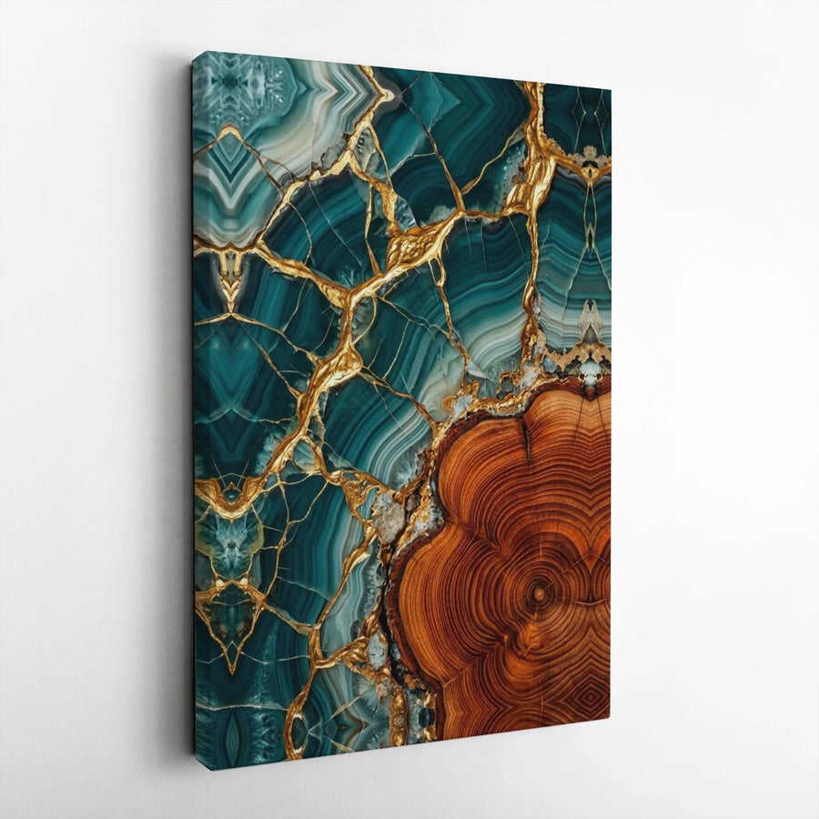 Teal Agate & Wood Grain Canvas Print | Abstract Kintsugi Style Art with Gold Veins | Premium Gallery Wall Decor | Modern Living Room or Office Gift