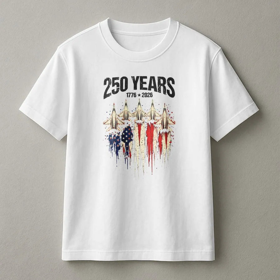 America 250 Years T-Shirt | Vintage Fighter Jet American Flag Graphic | Premium Cotton | Collector's 4th of July Gift for Patriots