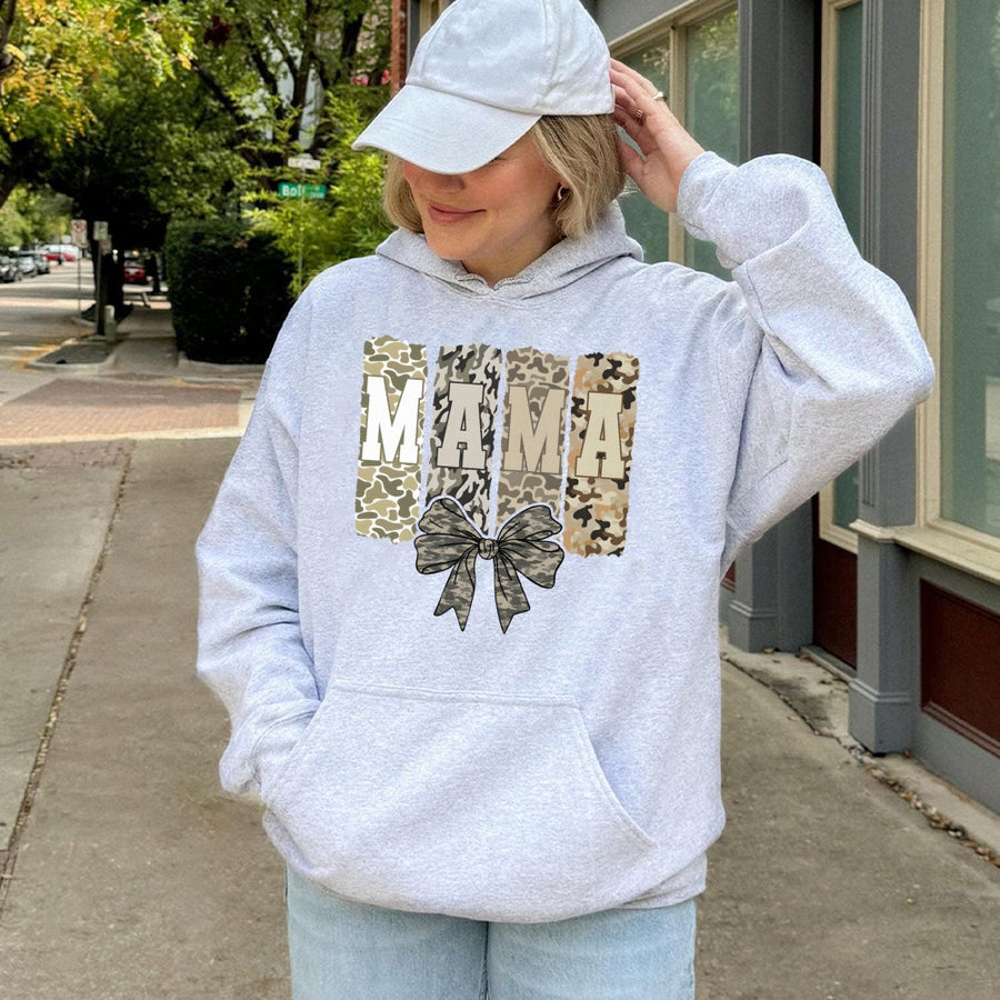 Mama Camo Hoodie | Coquette Bow Aesthetic Graphic | Premium Cotton Blend | Mother's Day 2026 Gift for Her