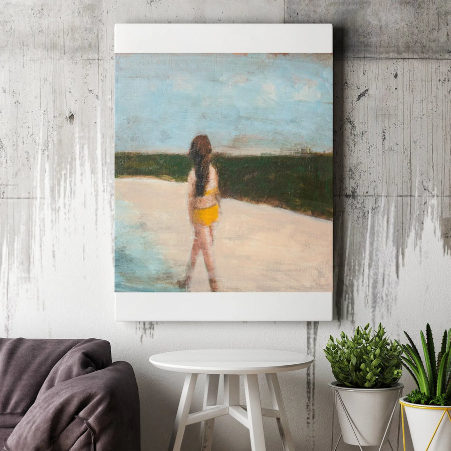 Beach Figure Painting Canvas Wall Art | Impressionist Style Woman in Yellow Bikini | Premium Gallery Wrap Canvas | Modern Coastal Home Decor Gift