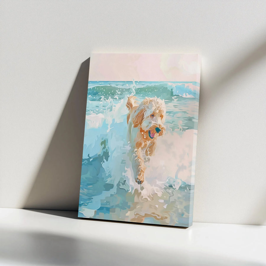 Goldendoodle at the Beach Canvas Print | Watercolor Style Dog Art | Premium 1.25" Thick Gallery Canvas | Gift for Dog Lover & Coastal Home Decor