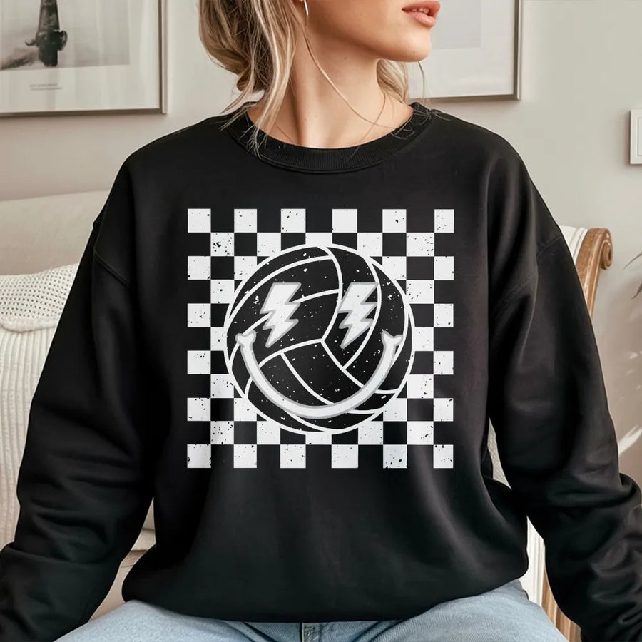 Volleyball Smiley Face Sweatshirt | Retro Checkered Lightning Bolt Design | Premium Cotton Blend | Gift for Volleyball Player Mom Game Day