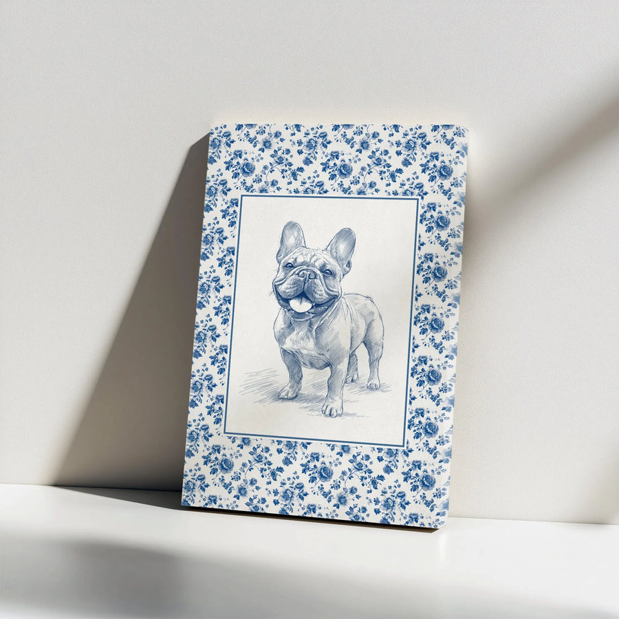 French Bulldog Canvas Wall Art | Blue Chinoiserie Floral Sketch | Premium Gallery Wrap | Gift for Dog Lover, Frenchie Mom Living Room Decor