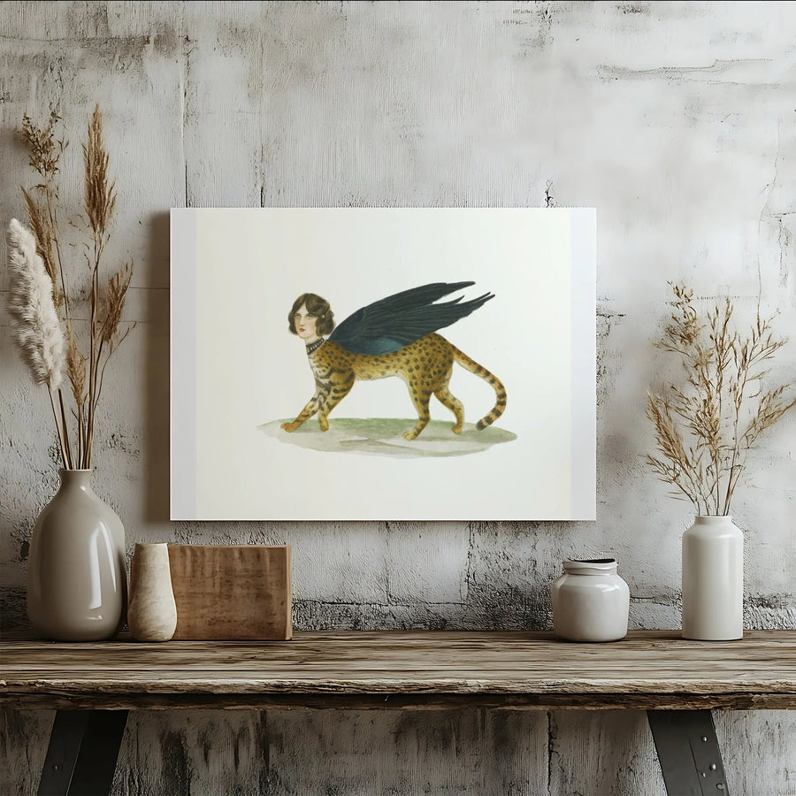 Mythological Sphinx Canvas Print | Vintage Winged Leopard Woman Illustration | Premium Gallery Wrapped Canvas | Unique Gift for Mythology Art Lovers