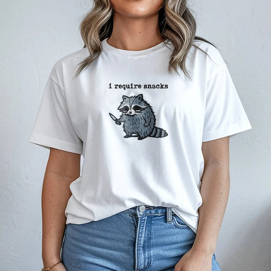 I Require Snacks Raccoon T-Shirt | Funny Trash Panda Graphic Tee | Premium Cotton Comfort Fit | Sarcastic Animal Lover Gift for Foodies