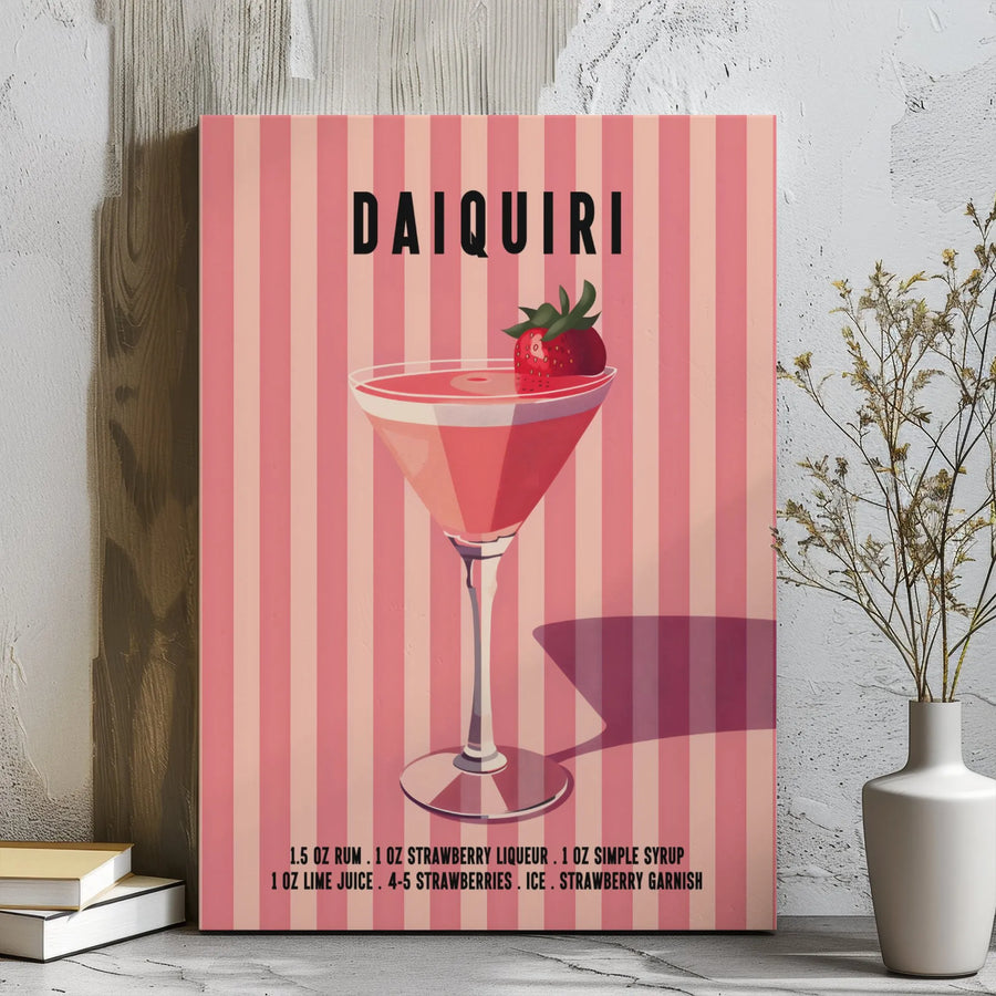 Strawberry Daiquiri Cocktail Recipe Canvas | Retro Minimalist Kitchen Wall Art | Premium Gallery Wrapped Decor | Perfect Gift For Home Bar Enthusiasts