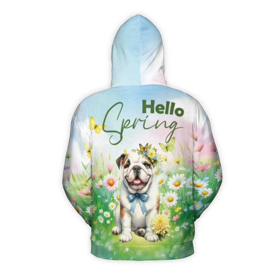 English Bulldog 3D Hoodie | Hello Spring Floral Butterfly Graphic | Soft Brushed Fleece Unisex Pullover | Cute Dog Lover Gift Apparel