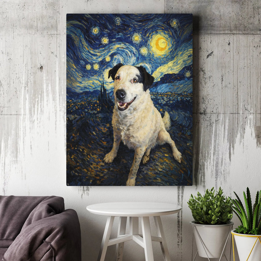 Dog Starry Night Canvas Wall Art | Van Gogh Style Painting Parody | Premium Gallery Wrap Canvas | Unique Gift for Pet Owner