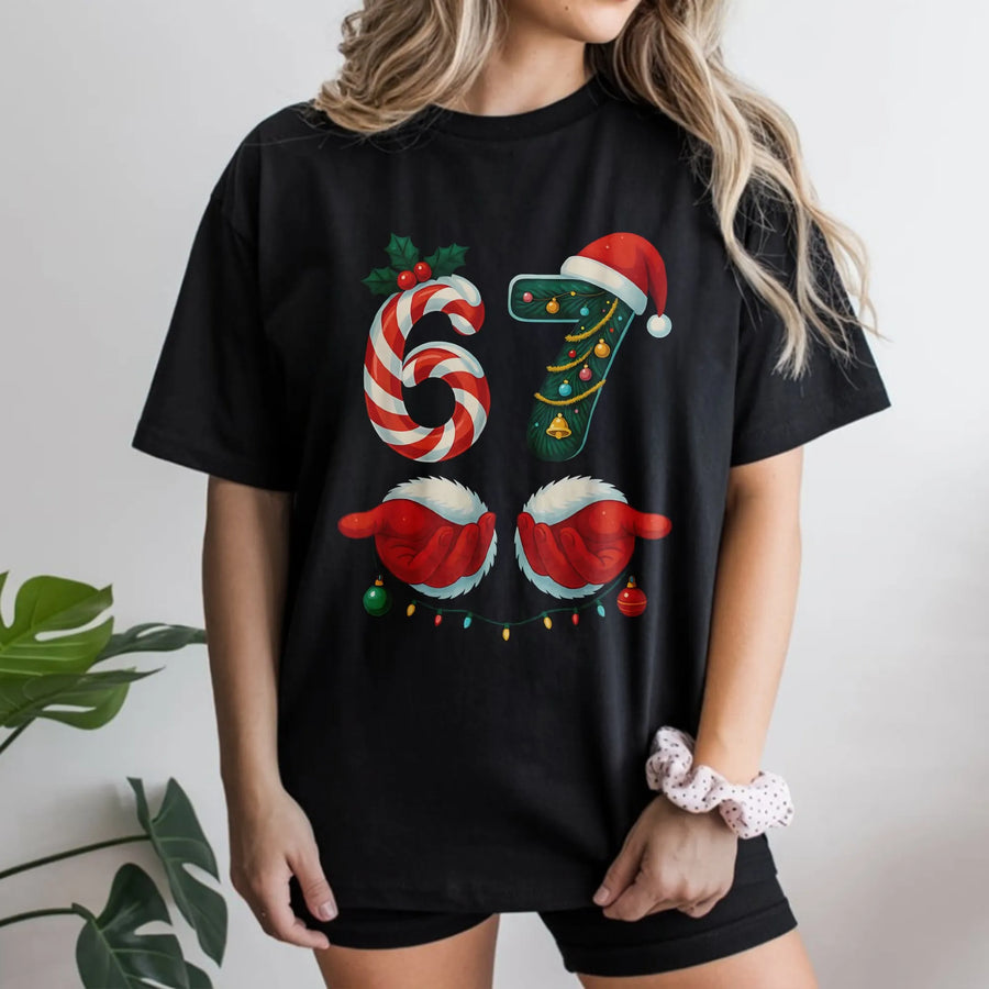 67 Christmas T-Shirt | Candy Cane Number Design | Premium Soft Cotton Blend | Funny Holiday Meme Gift for Gen Alpha and Teens