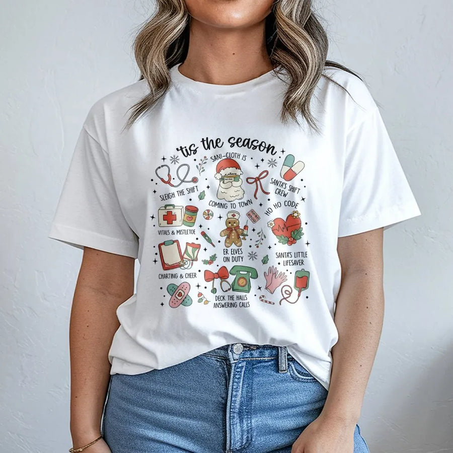 Nurse Christmas T-Shirt | Festive Medical Holiday Icons Design | Premium Soft Cotton Tee | Cute Gift for Nurses & Healthcare Workers