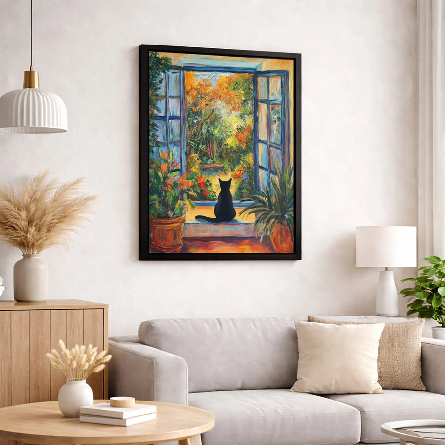 Black Cat Wall Art | Impressionist Window View With Lush Garden | Premium Gallery-Wrapped Canvas Print | Perfect Gift for Cat Lovers & Home Decor