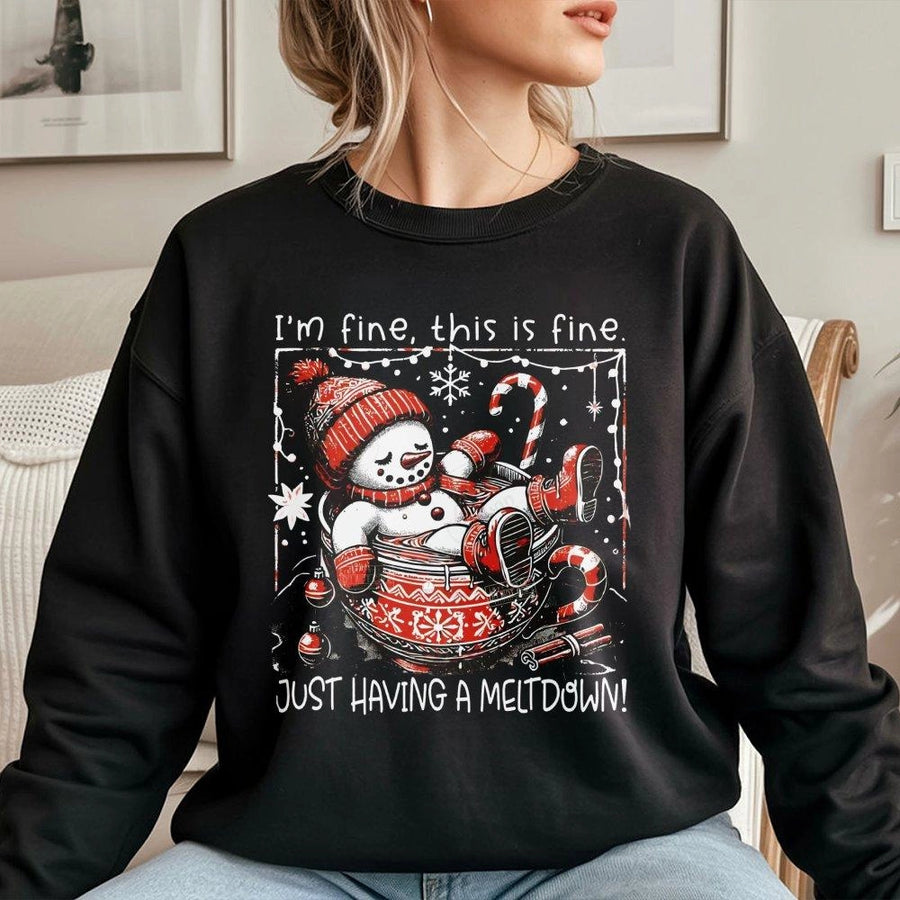 Funny Snowman Sweatshirt | I'm Fine This Is Fine Meltdown Graphic | Soft Cotton Blend Winter Pullover | Cozy Christmas Gift For Women And Men
