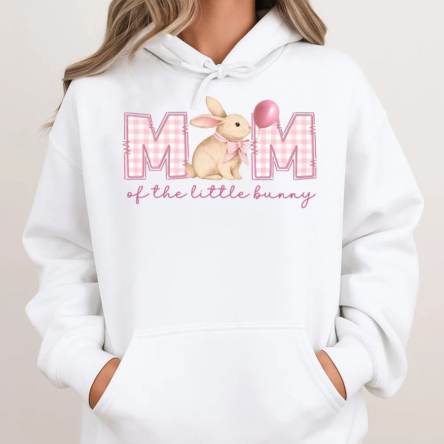Mom of The Little Bunny Hoodie | Cute Gingham Rabbit Graphic | Premium Soft Sweatshirt | Easter Pregnancy Announcement Gift for Her