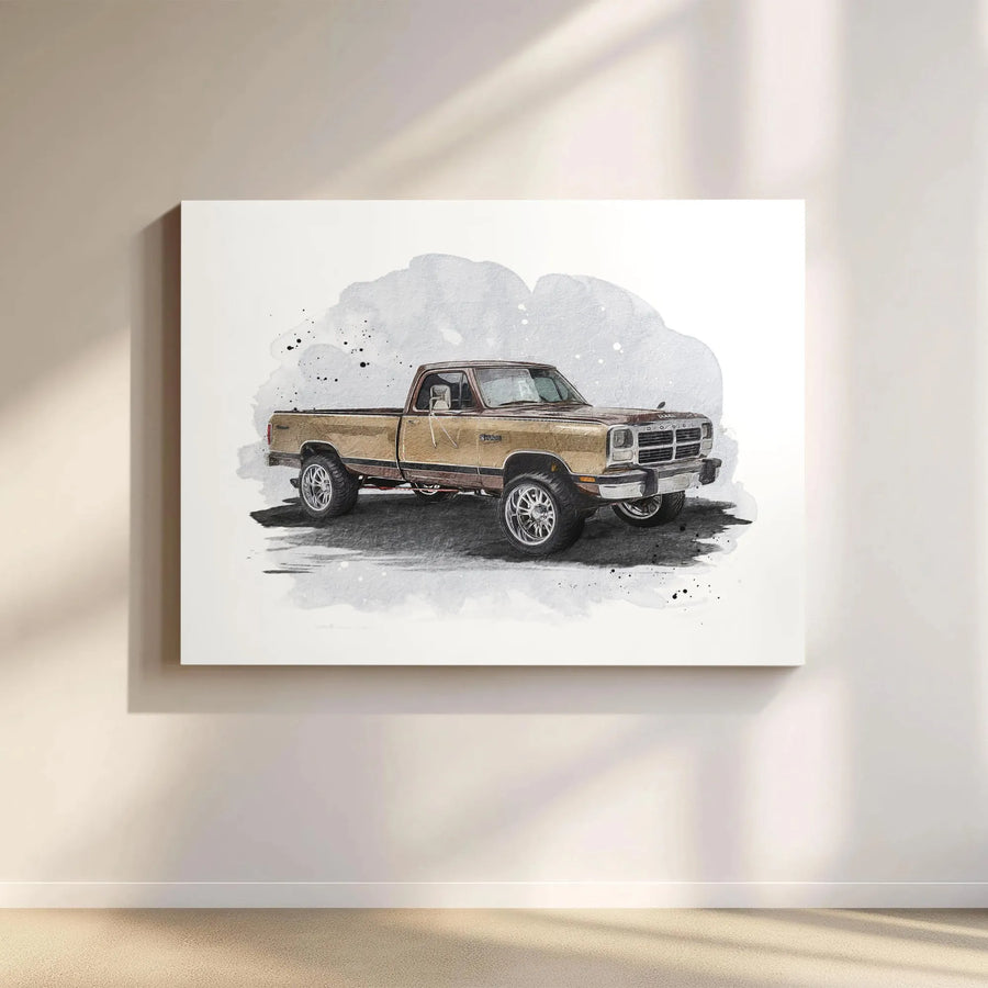 First Gen Pickup Truck Canvas Wall Art | Lifted Classic Truck Watercolor Sketch | Premium Gallery-Wrapped Print | Man Cave & Garage Decor Gift