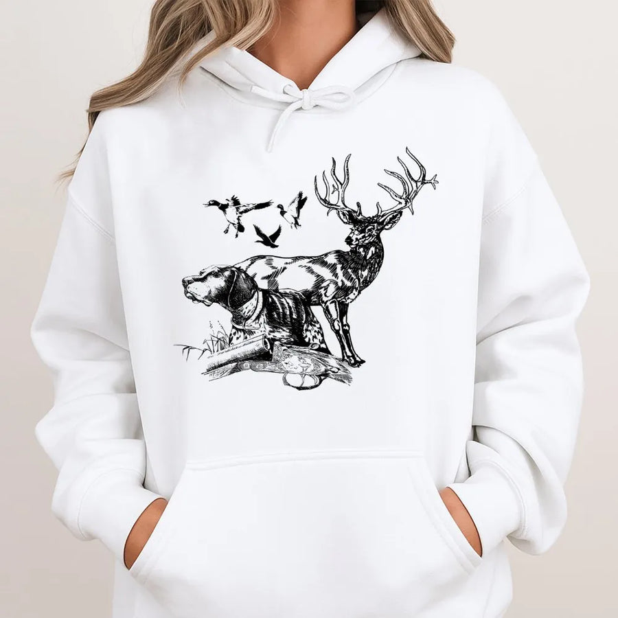 Wildlife Hunting Hoodie | Vintage Deer and Bird Graphic | Premium Cotton Blend | Gift for Outdoorsman and Hunter