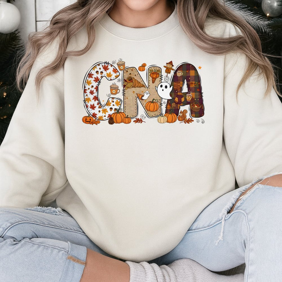 CNA Fall Sweatshirt | Pumpkin Spice Halloween Nursing Design | Cotton Blend Crewneck | Gift for Certified Nursing Assistant Nurse Life