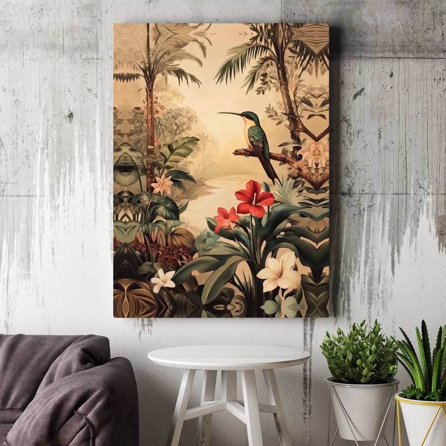 Hummingbird Wall Art Canvas Print | Vintage Tropical Jungle Illustration | Premium Gallery Wrapped Canvas | Living Room & Bedroom Home Decor Gift