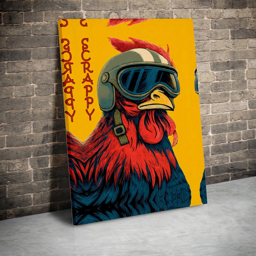 Scrappy Rooster Wall Art | Motorcycle Biker Chicken Canvas | Premium Gallery Wrap Decor | Quirky Farmhouse Gift for Men