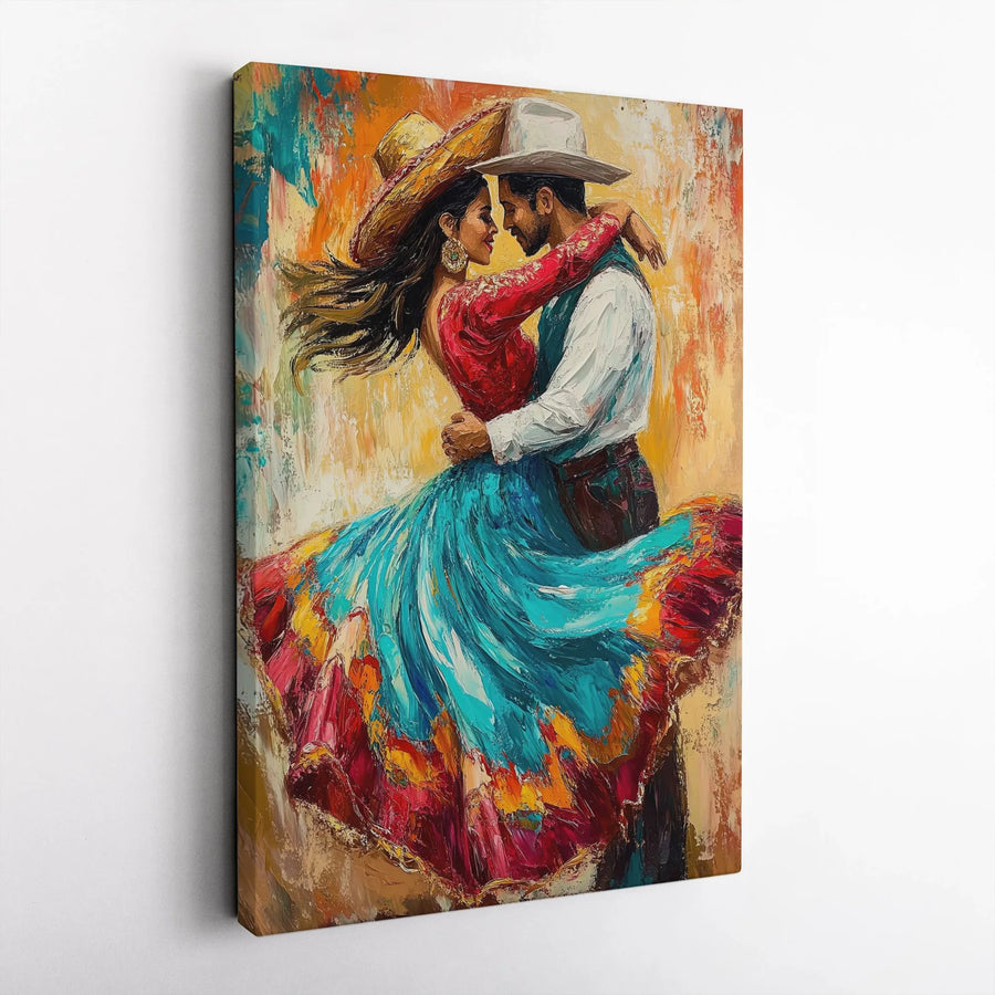 Mexican Folklorico Dancers Canvas Wall Art | Romantic Western Oil Painting Style | Premium Fade-Resistant Print | Home Decor Gift for Couples