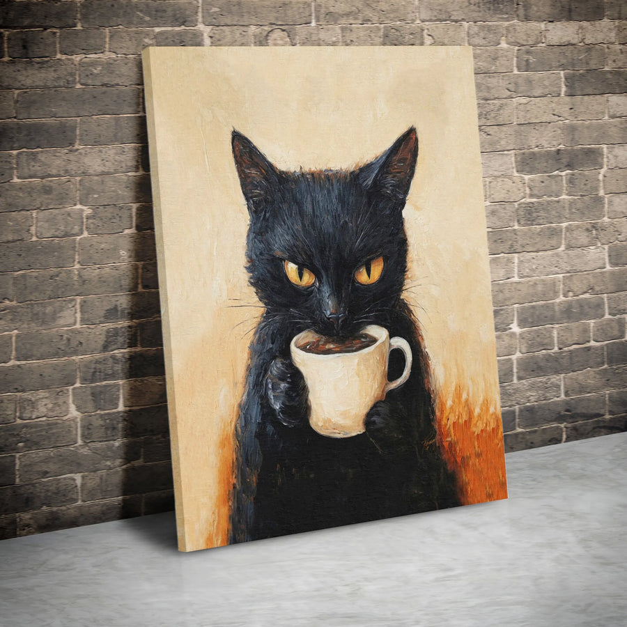 Black Cat Coffee Canvas Wall Art | Funny Grumpy Cat Painting Print | Premium Gallery Wrapped Canvas | Gift for Coffee Lover & Kitchen Decor