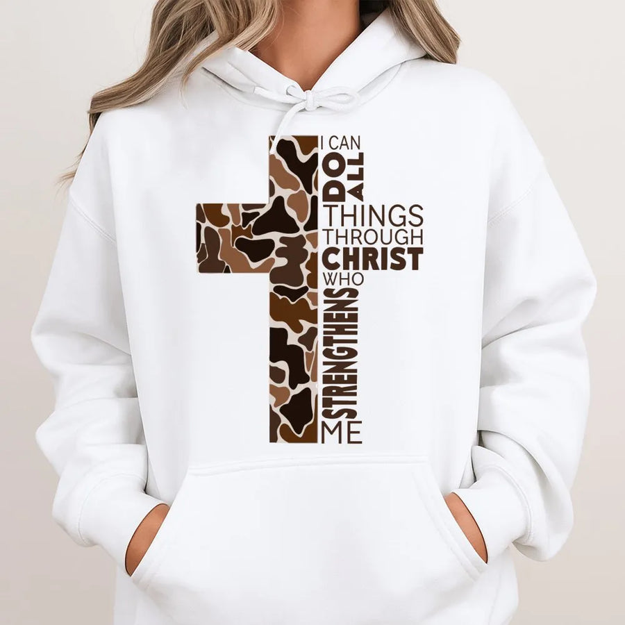 Camo Cross Hoodie | I Can Do All Things Through Christ Verse | Premium Cotton Blend | Christian Faith Gift For Men And Women