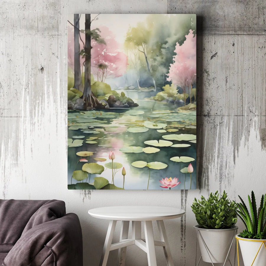 Watercolor Lily Pond Canvas Print | Serene Forest Lotus Wall Art | Premium Gallery-Wrap Decor | Calming Nature Gift for Home and Office