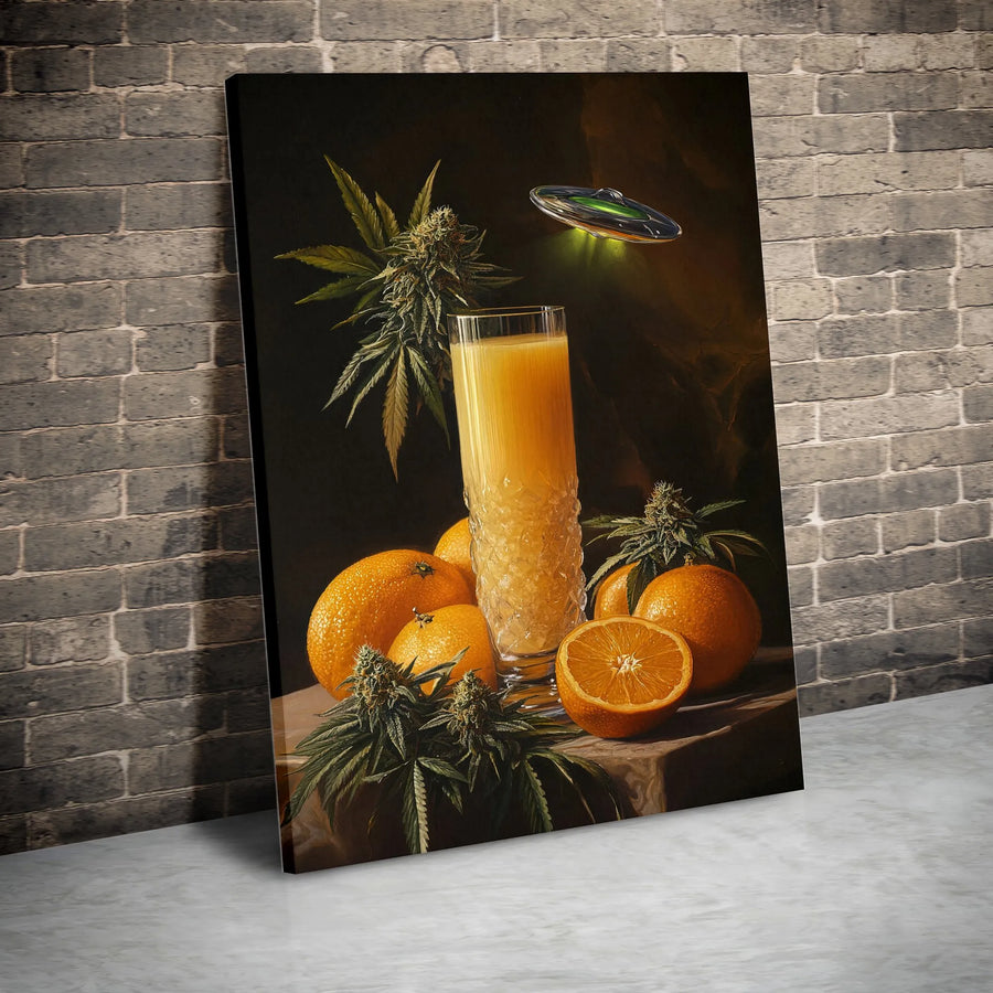 Surreal Still Life Canvas Print | UFO Orange Juice Marijuana Aesthetic Wall Art | Premium Gallery Wrapped Decor | Unique Home Gift For Stoner