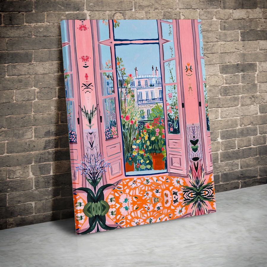 Parisian Window Canvas Art | Vibrant Pink Balcony Garden View | Gallery-Wrapped Premium Print | French Aesthetic Home Decor Gift