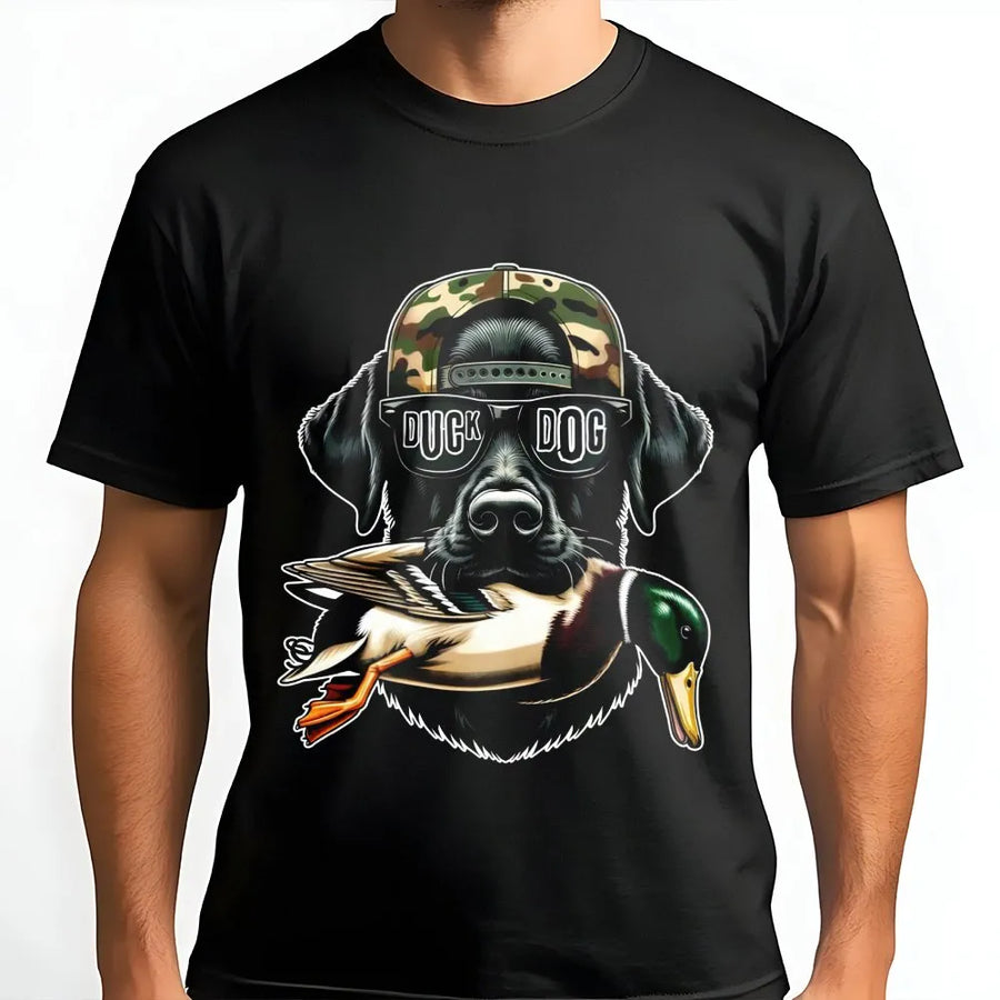 Duck Hunting Lab T-Shirt | Black Labrador Retriever with Mallard and Camo Hat | Premium Cotton Graphic Tee | Gift for Hunter and Dog Dad