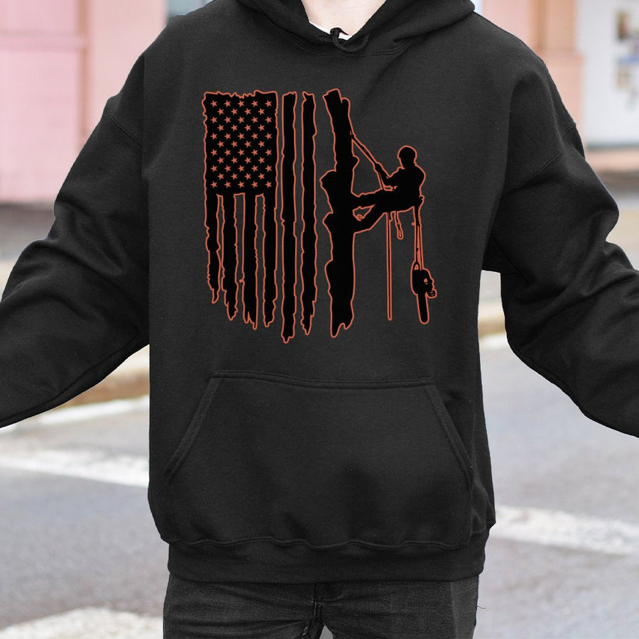 Arborist Tree Climber Hoodie | American Flag Silhouette Graphic | Premium Cotton Blend | Gift For Tree Surgeon Logger Lumberjack