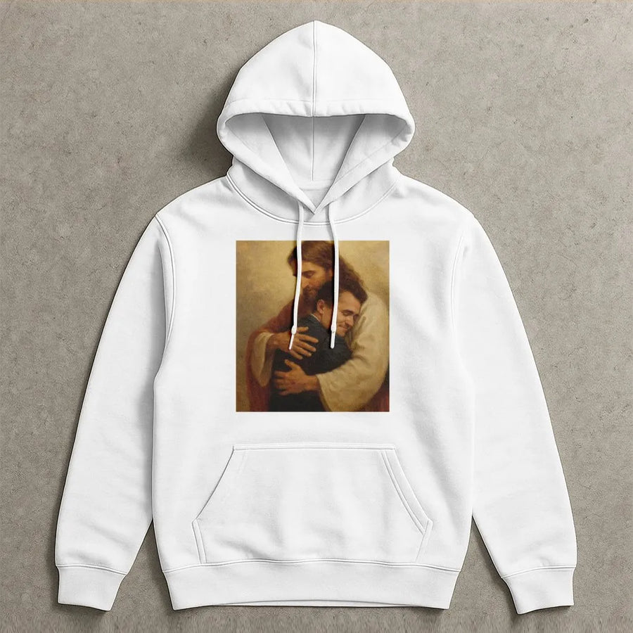 Jesus Hugging Man Hoodie | Christian Faith Graphic Pullover | Premium Cotton Blend Sweatshirt | Religious Apparel Gift for Men and Women