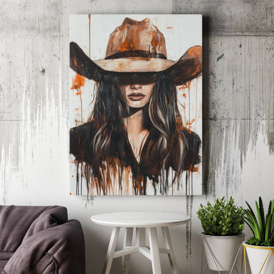 Abstract Cowgirl Canvas Art | Dripping Paint Western Portrait | Premium Gallery Wrapped Wall Decor | Southwestern Boho Home Office Gift