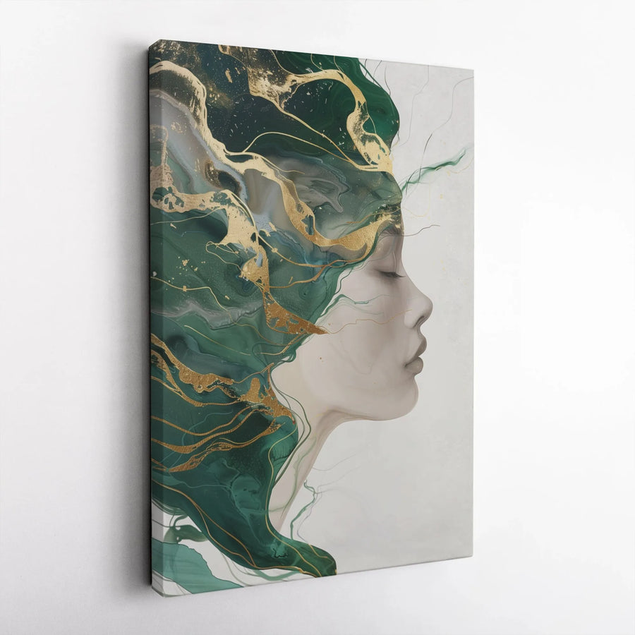Abstract Woman Portrait Vertical Canvas | Modern Emerald Green Art with Gold Veins | Premium Gallery-Style Canvas Print | Luxury Living Room Wall Decor Gift