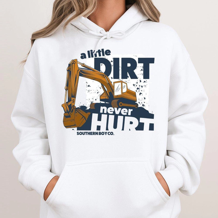Excavator Hoodie | A Little Dirt Never Hurt Graphic Design | Premium Cotton Blend | Gift For Construction Fans, Boys, and Heavy Equipment Lovers