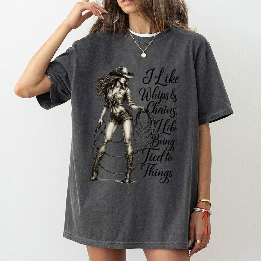 Cowgirl Graphic T-Shirt | Whips and Chains Country Western Design | Premium 100% Cotton | Funny Rodeo Gift for Women and Men