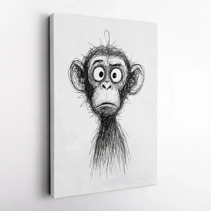 Funny Monkey Canvas Wall Art | Minimalist Scribble Line Drawing | Premium Gallery Wrap Print | Modern Home Decor Gift for Animal Lovers