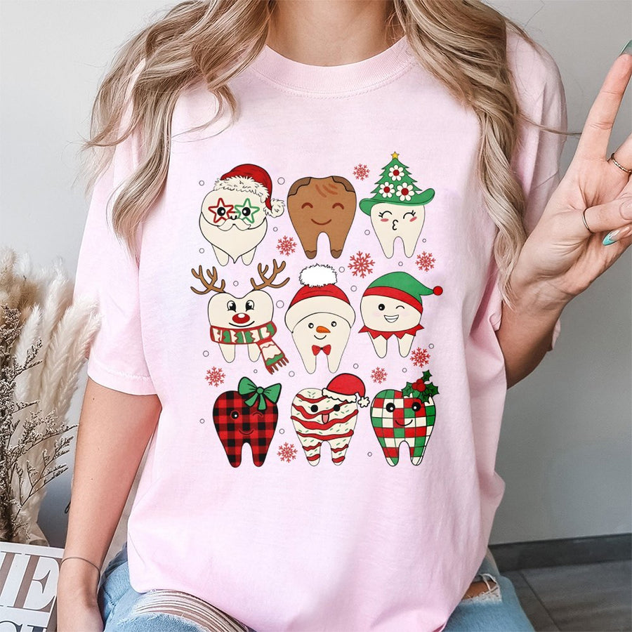 Dental Christmas T-Shirt | Cute Holiday Teeth Characters Graphic | Soft 100% Cotton Tee | Gift for Dentist Hygienist Dental Assistant
