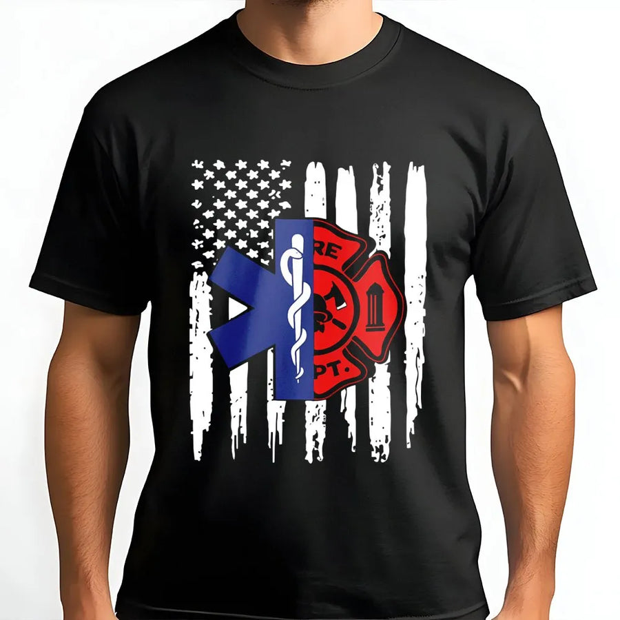 Firefighter EMT T-Shirt | American Flag Maltese Cross & Star of Life | 100% Cotton Premium Tee | First Responder Hero Support Gift