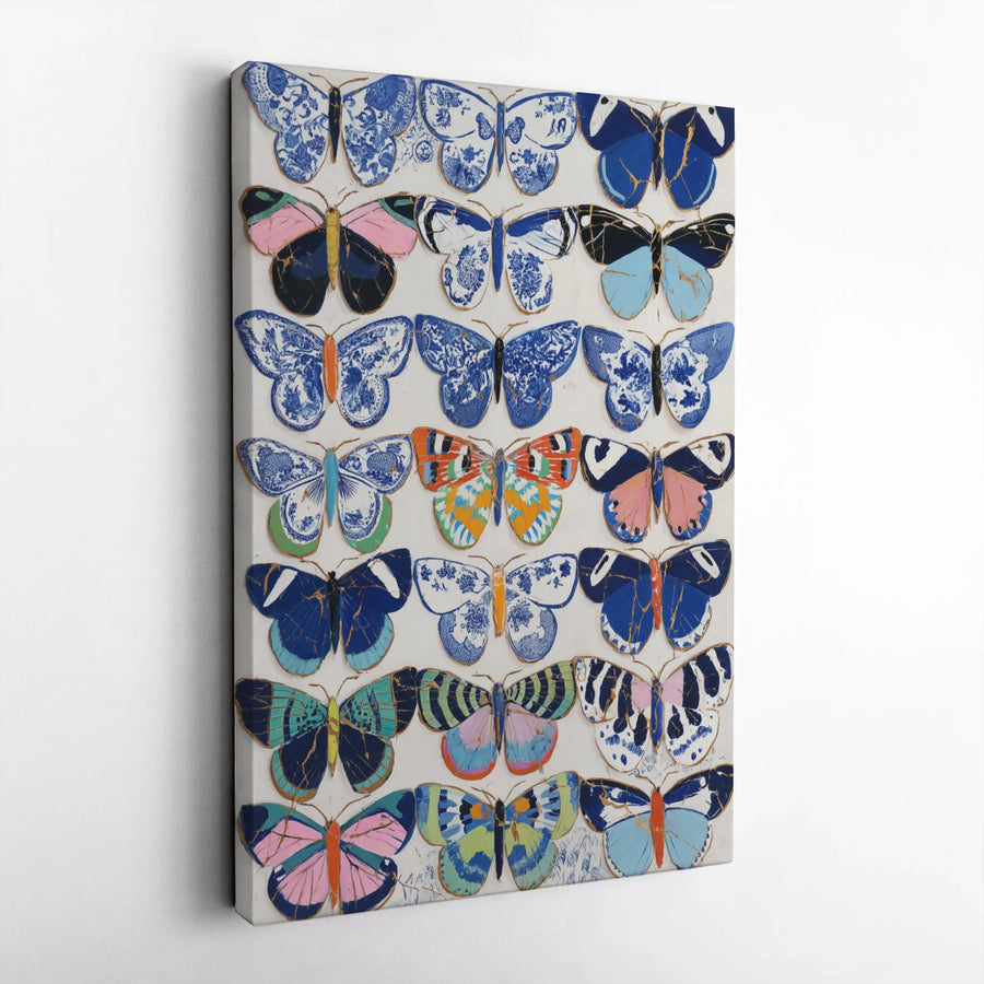 Butterfly Wall Art Print | Blue And White Porcelain Kintsugi Style | Premium 1.25 Inch Gallery Canvas | Nature Lover Home Decor Gift