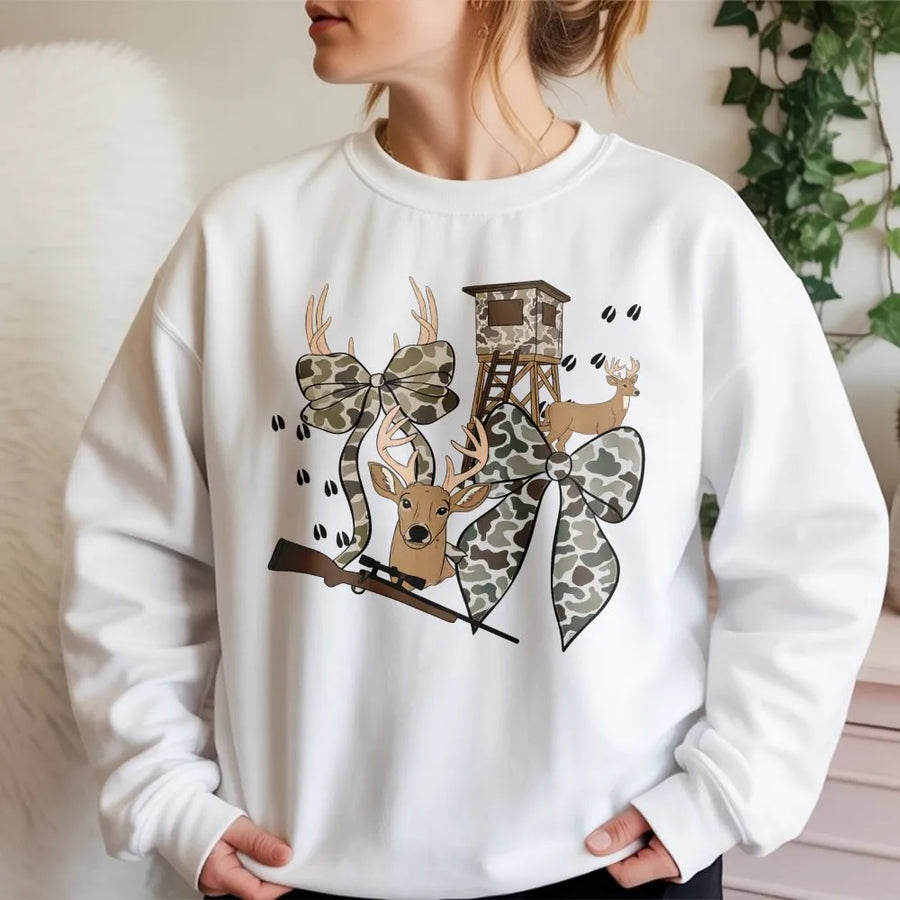 Hunting Season Sweatshirt | Camo Bow and Deer Graphic | Premium Cotton Blend | Gift for Hunter and Outdoor Enthusiast