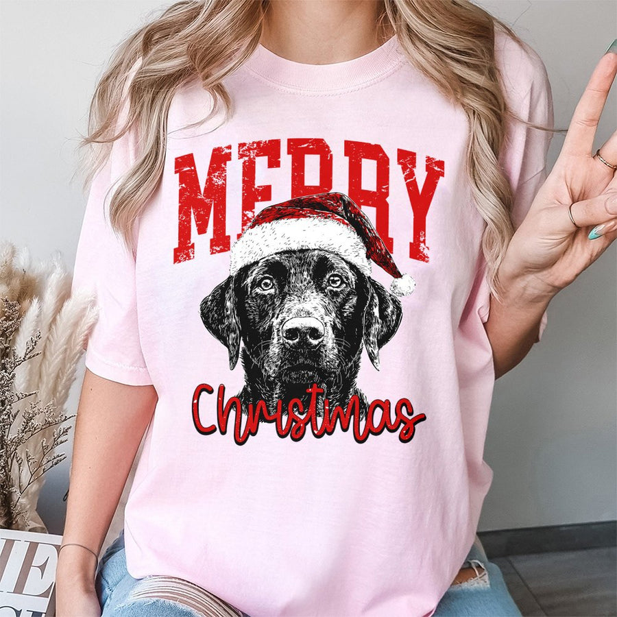 Black Labrador Christmas T-Shirt | Cute Dog Wearing Santa Hat Graphic | 100% Cotton Premium Tee | Festive Holiday Gift for Dog Lovers