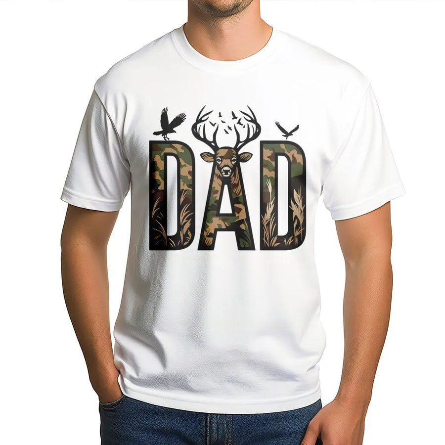 Hunting Dad T-Shirt | Camo Deer Graphic Tee for Outdoorsman | Premium Cotton Shirt | Unique Father's Day Gift for Hunter