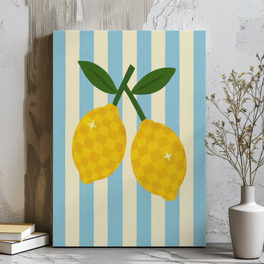 Lemon Wall Art Canvas | Retro Checkered Fruit Design | Premium 1.25 Inch Gallery Wrap | Kitchen Decor & Summer Housewarming Gift