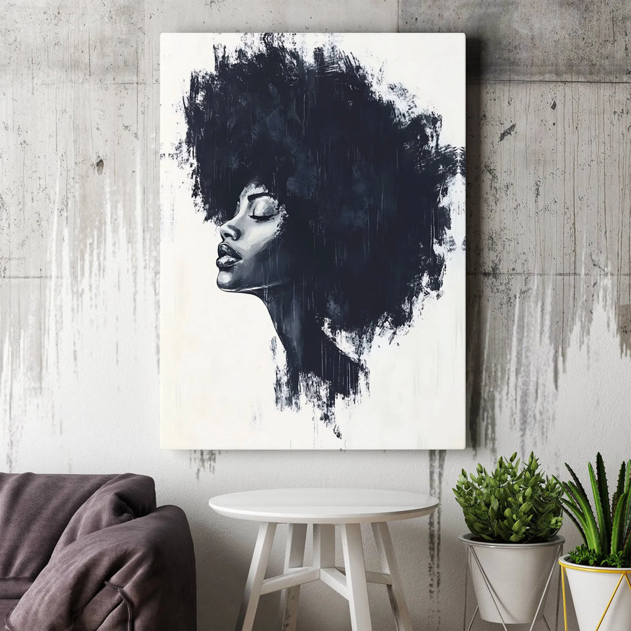 Abstract Black Woman Portrait Canvas | Afro Art Wall Decor | Premium 1.25-Inch Thick Gallery Print | Sophisticated Home Office Gift