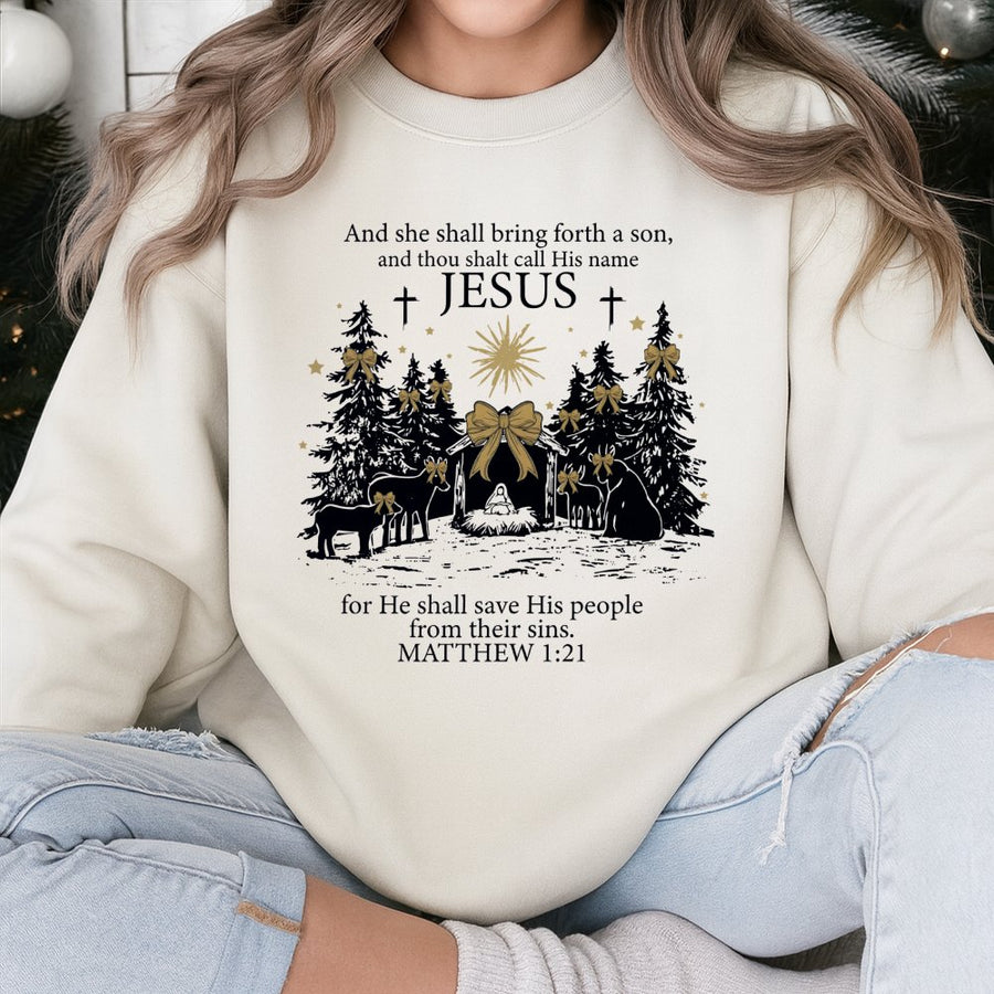 Jesus Nativity Scene Sweatshirt | Matthew 1:21 Bible Verse Graphic | Premium Religious Christmas Apparel | Holiday Faith Gift for Women and Men