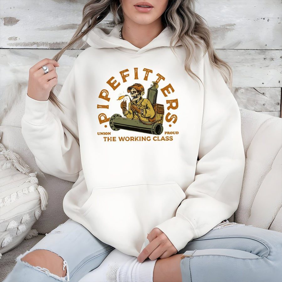 Pipefitter Hoodie | Union Proud Working Class Graphic | Premium Cotton Blend Sweatshirt | Blue Collar Construction Gift for Tradesmen