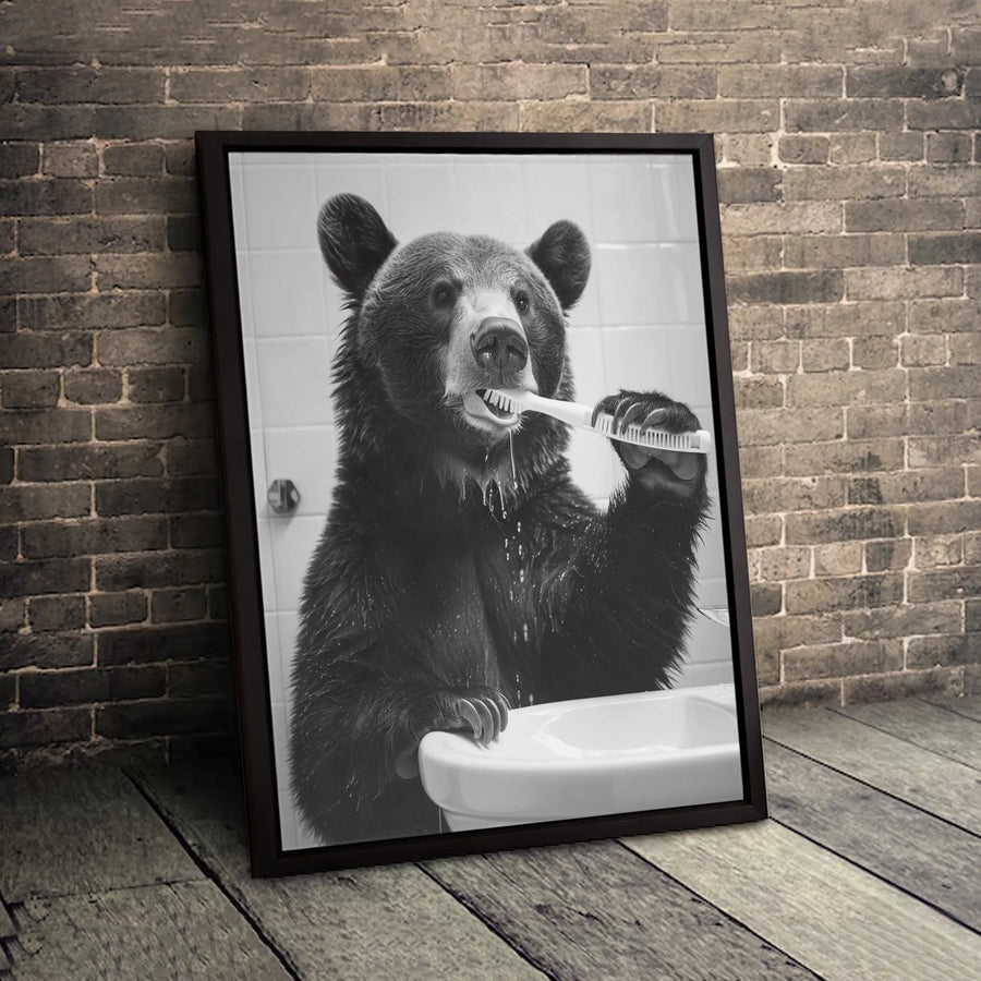 Bear Brushing Teeth Wall Art | Funny Bathroom Decor Print | Premium 1.25-Inch Gallery Canvas | Unique Animal Home Gift