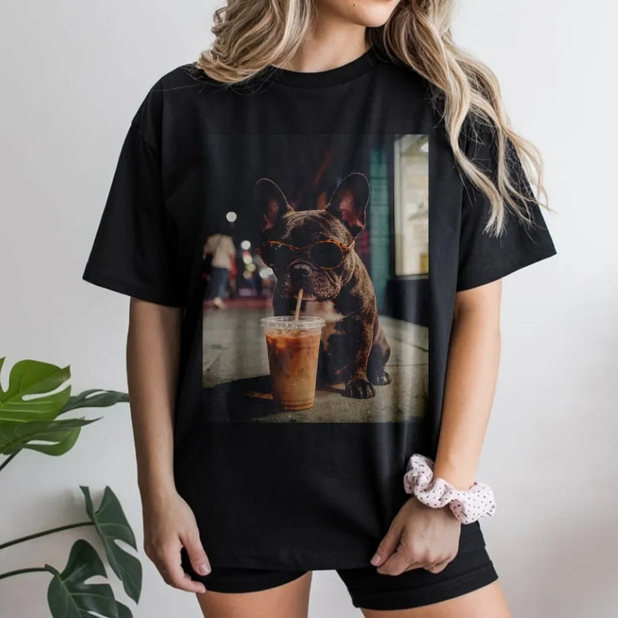 French Bulldog T-Shirt | Funny Dog with Iced Coffee Graphic | Premium Cotton Blend Sweatshirt | Gift for Frenchie Mom & Coffee Lover